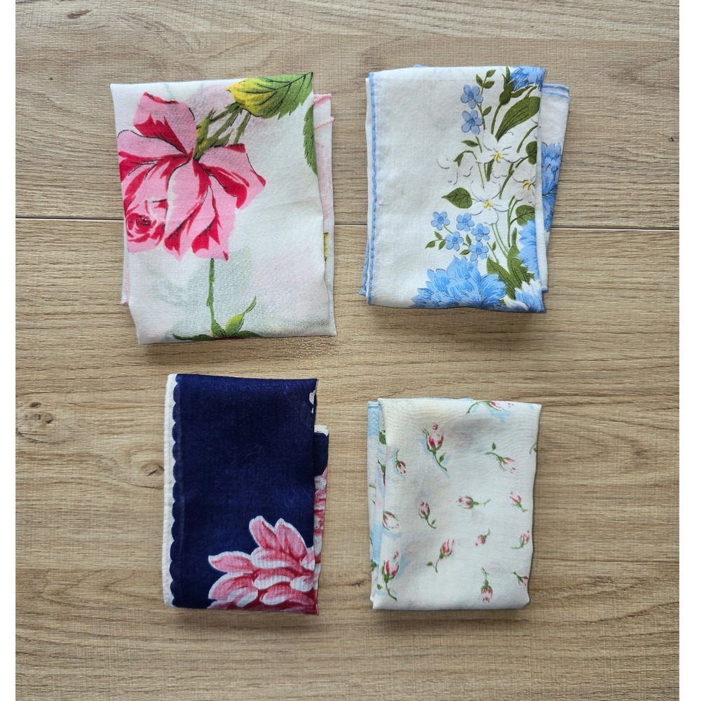 Set of 4 Vintage Floral Handkerchiefs Pink Blue Rose Print Hankies cottagecore